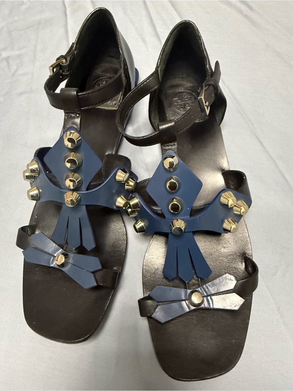 Tory Burch Black Leather Sandals with Navy Blue Stud Embellishments